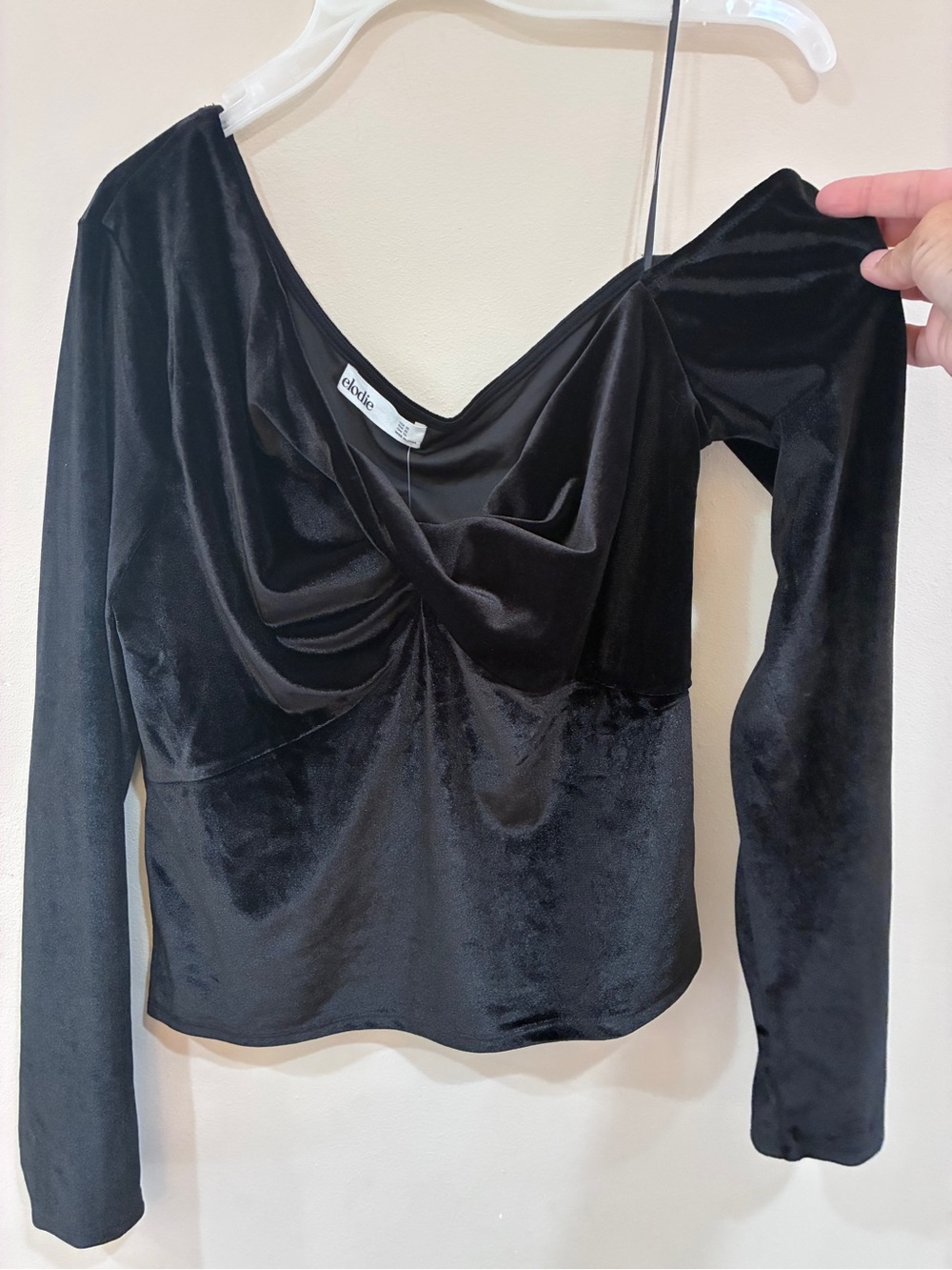 Elodie Black Velvet Draped one shoulder Long-Sleeve Top
